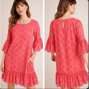 Anthro Dani Eyelet Lace Pink Shift Dress Pockets Ruffle Hem Boho Feminine Sz 8